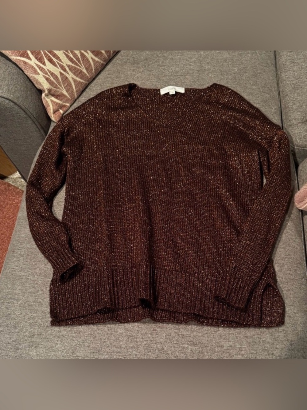 LOFT metallic V-neck sweater featuring a shimmer knit finish
